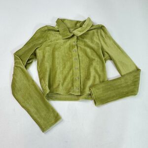 PAC Cares Top Womens Medium Button Up Collar 90s Y2K Cropped Ribbed Velvet Shirt